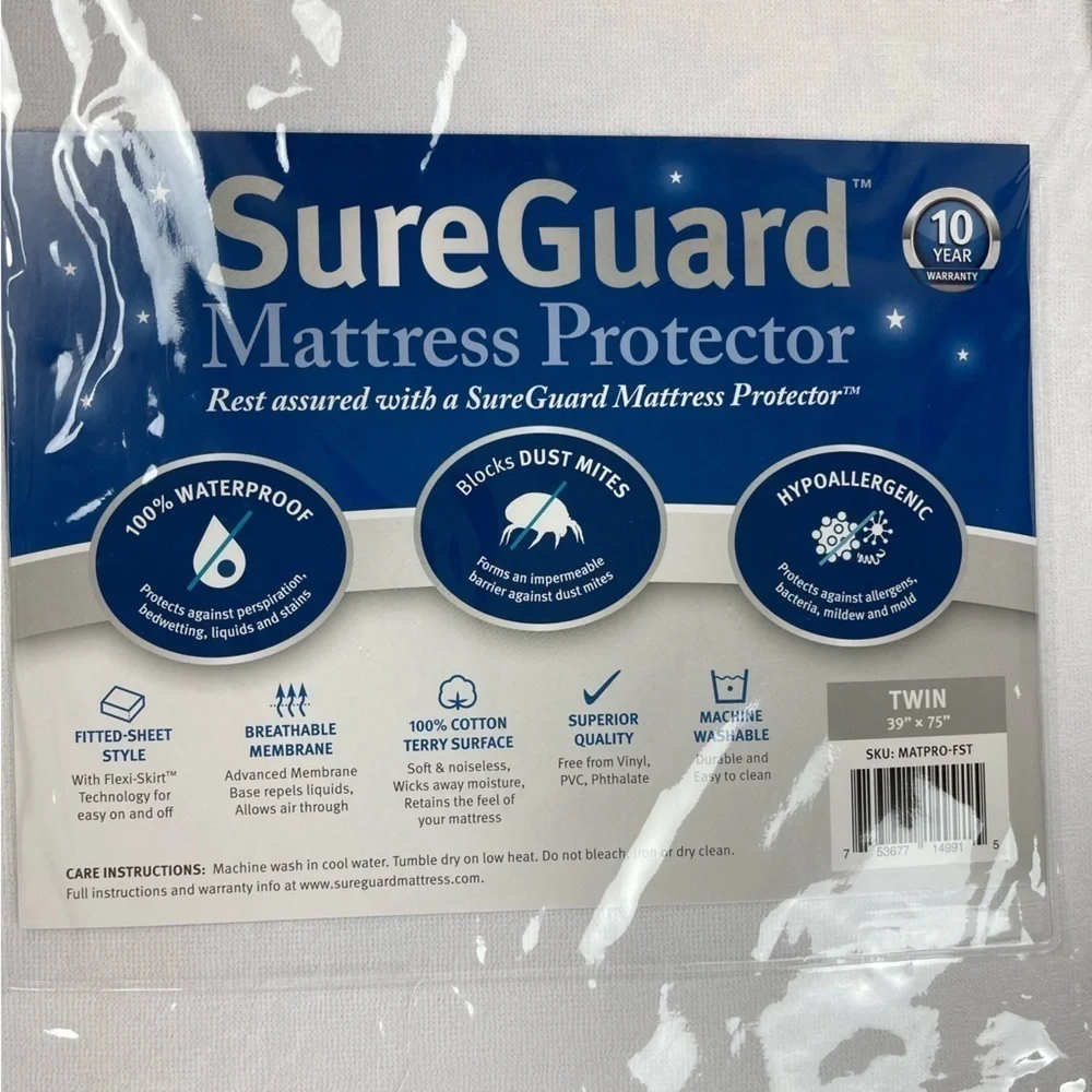 NEW Sure Guard Mattress Protector Twin 100% Waterproof White Hypoallergenic